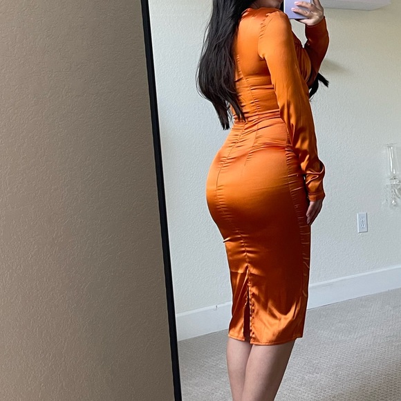 Rust Satin Ruched Dress - Picture 3 of 7